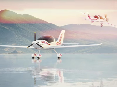 White Passenger Plane With Red Stripes Parked On Water And Flying Over Mountains At Sunset 3d model