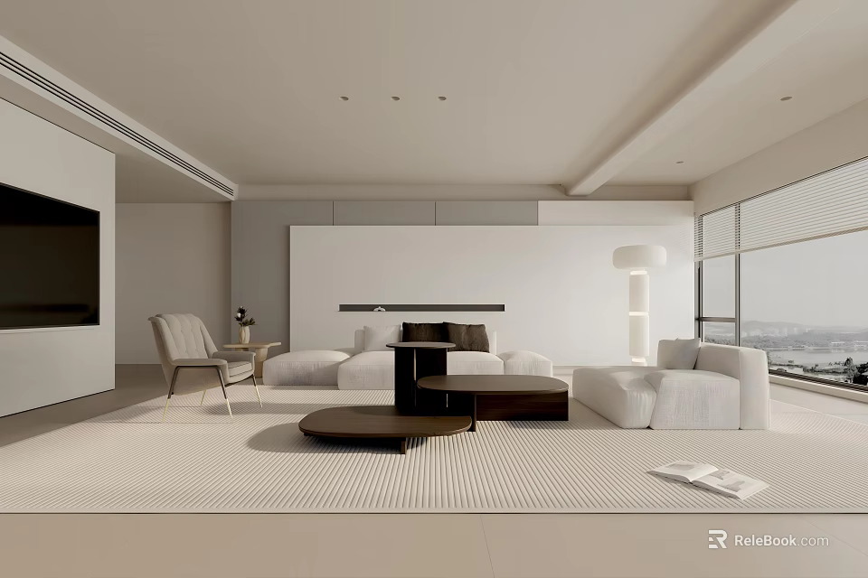 Modern Living Room Interior Design With White Sofa Coffee Table And Floor to Ceiling Windows 3d model 