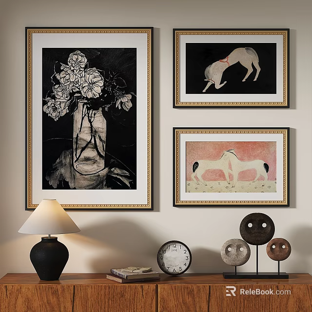 Oil Paintings of Flower Vase and Horse Scenes as Framed Wall Art in Living Room Decor 3d model 