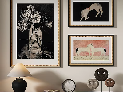 Oil Paintings of Flower Vase and Horse Scenes as Framed Wall Art in Living Room Decor 3d model