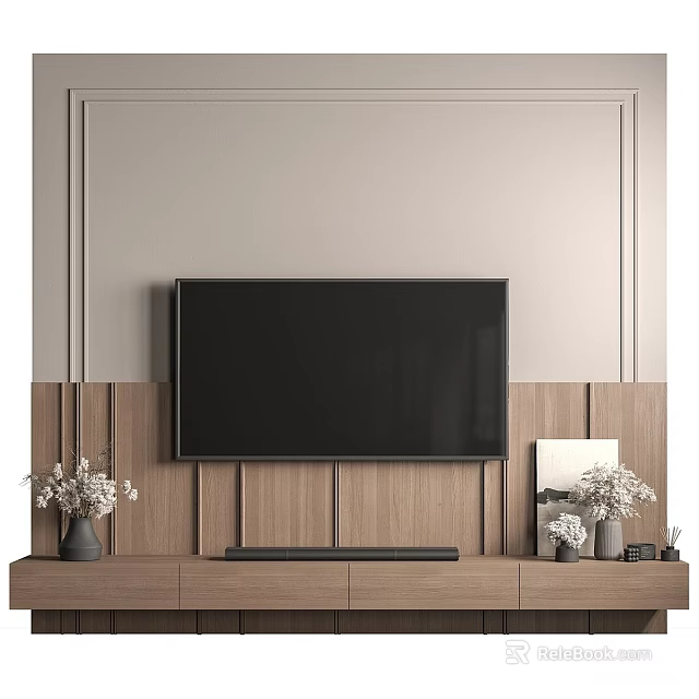 Modern TV Background Wall With Light Upper Wooden Panel And Decorative Vases On Stand 3d model 