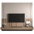 Modern TV Background Wall With Light Upper Wooden Panel And Decorative Vases On Stand