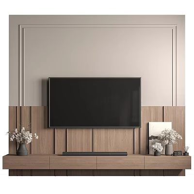 Modern TV Background Wall With Light Upper Wooden Panel And Decorative Vases On Stand 3d model