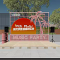 Fun Pink Sea Breeze Music Concert Scene With Pink Backdrop Chairs Lifebuoys And Palm Trees