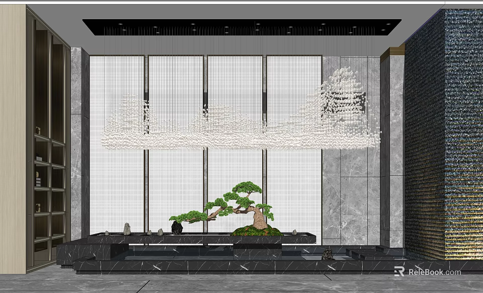 Modern Interior Landscape Featuring Hanging Art Installation Pine Bonsai Stone Walls And Marble Floor 3d model 