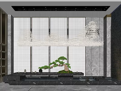 Modern Interior Landscape Featuring Hanging Art Installation Pine Bonsai Stone Walls And Marble Floor 3d model