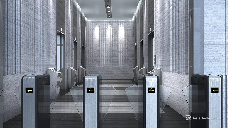 Modern Elevator Lobby With Gray Tile Walls Geometric Flooring And Metal Turnstiles 3d model 
