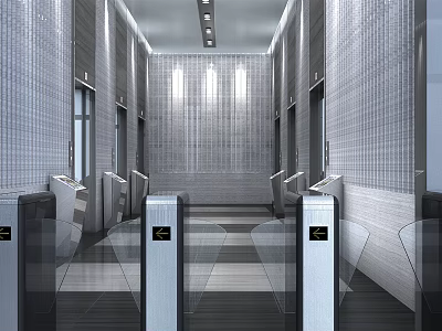 Modern Elevator Lobby With Gray Tile Walls Geometric Flooring And Metal Turnstiles 3d model