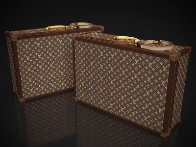 Two Classic Monogram Patterned Suitcases With Brown Leather Trim And Gold Handles 3d model