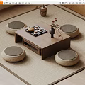 Japanese Wooden Tea Table with Floor Cushions Tea Set and Flower Vase on Beige Rug