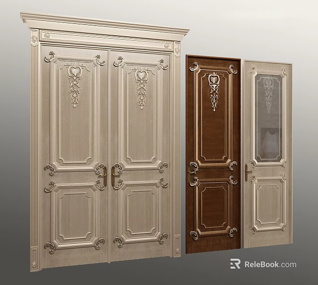 Beige And Brown Double Doors With Decorative Carvings And Glass Inserts 3d model 