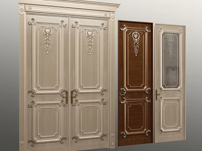 Beige And Brown Double Doors With Decorative Carvings And Glass Inserts 3d model