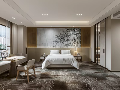 Modern Hotel Guest Room Interior With White Bed Bamboo Painting Window Patterned Carpet Desk Chair 3d model