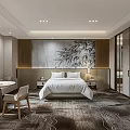 Modern Hotel Guest Room Interior With White Bed Bamboo Painting Window Patterned Carpet Desk Chair
