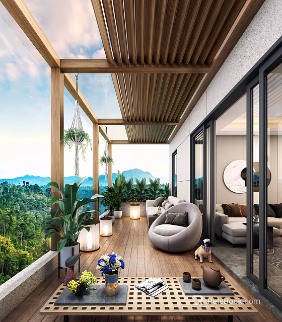 Home Balcony With Wooden Ceiling Hanging Plants Potted Greenery Sofa And Mountain View 3d model 
