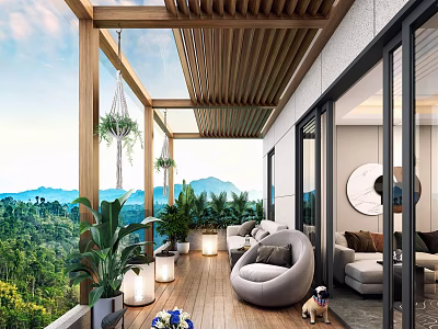 Home Balcony With Wooden Ceiling Hanging Plants Potted Greenery Sofa And Mountain View 3d model