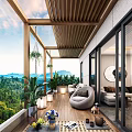 Home Balcony With Wooden Ceiling Hanging Plants Potted Greenery Sofa And Mountain View