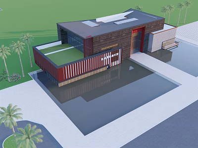 Modern Contemporary House With Green Roof Wooden Facade And Palm Trees Water Feature 3d model