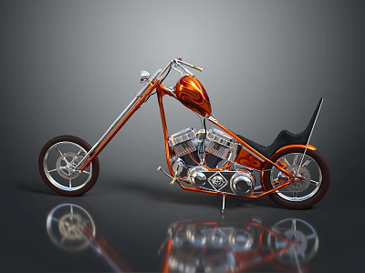 Orange Chopper Motorcycle With Black Seat Long Fork And Reflection 3d model