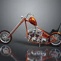 Orange Chopper Motorcycle With Black Seat Long Fork And Reflection