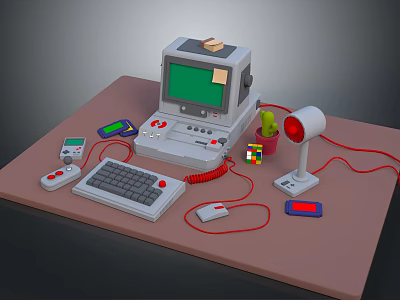 Vintage Computer Setup With Keyboard Game Controller Red Wires Desk Lamp And Small Cactus Plant 3d model