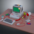 Vintage Computer Setup With Keyboard Game Controller Red Wires Desk Lamp And Small Cactus Plant 3d model