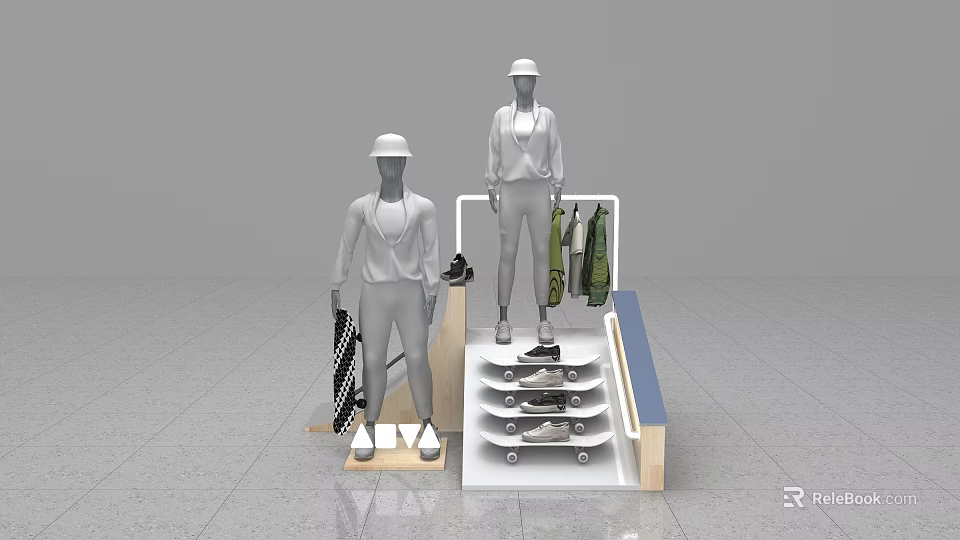 Modern Retail Display With Mannequins Clothing Shoes Skateboards And Hanging Apparel 3d model 