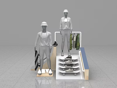 Modern Retail Display With Mannequins Clothing Shoes Skateboards And Hanging Apparel 3d model