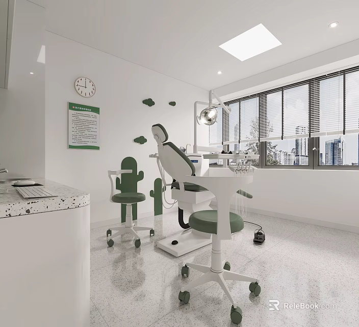 Modern Dental Clinic Interior With Dental Chair Green Chairs And Windows 3d model 