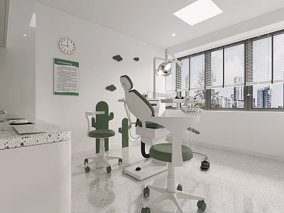 Modern Dental Clinic Interior With Dental Chair Green Chairs And Windows 3d model