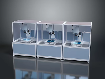 Three Automated Precision Equipment Units With Transparent Enclosures And Control Panels 3d model