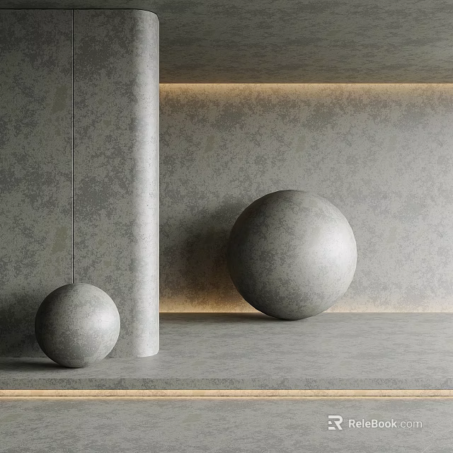 Grey Textured Background Wall with Large and Small Spheres Concrete Pillar and Warm Lighting 3d model 