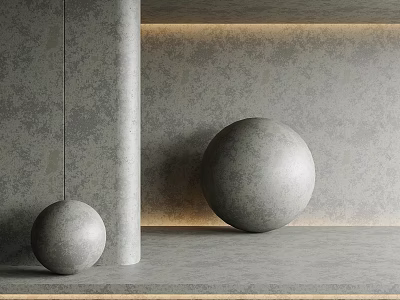 Grey Textured Background Wall with Large and Small Spheres Concrete Pillar and Warm Lighting 3d model