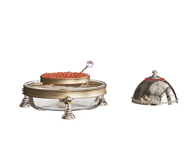 Fresh Red Caviar Served In Elegant Glass Container With Decorative Lidded Dish And Spoon 3d model