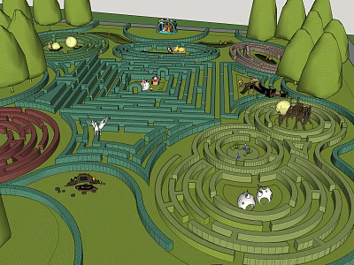 Ornamental Garden Maze Design With Winding Paths Green Grass And Surrounding Trees 3d model