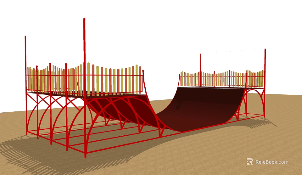 Red Metal Playground Equipment With Yellow White Railings And Dark Red Ramp On Sand Base 3d model 