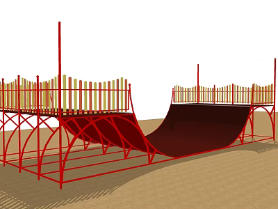 Red Metal Playground Equipment With Yellow White Railings And Dark Red Ramp On Sand Base 3d model