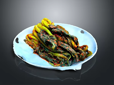 Spicy Pickled Green Yellow Vegetables on White Plate with Red Sauce 3d model