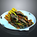 Spicy Pickled Green Yellow Vegetables on White Plate with Red Sauce