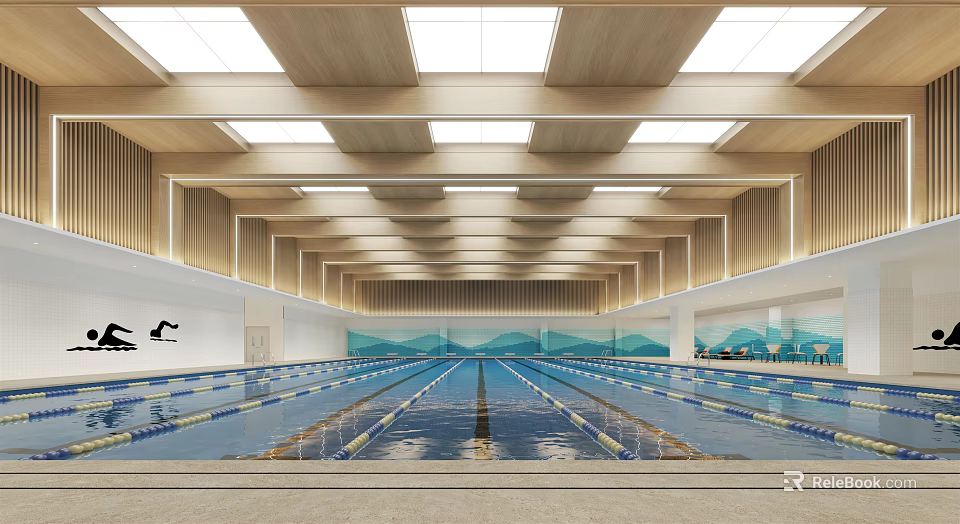 Indoor Swimming Pool Interior with Lane Lines Wooden Ceiling Blue Wave Walls and Lighting 3d model 