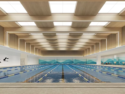 Indoor Swimming Pool Interior with Lane Lines Wooden Ceiling Blue Wave Walls and Lighting 3d model