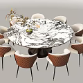 Elegant Modern Round Dining Table Set With Marble Tabletop And Brown Rattan Chairs 3d model