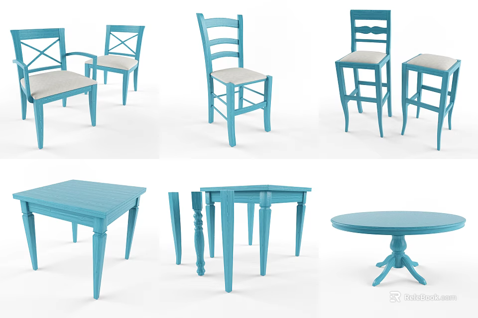 Blue Modern Table And Chair Set With Backrest And Square Round Designs 3d model