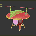 Red Flying Saucer Shaped Object With Rotors Blue Sphere And Stands On Dark Surface