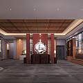 Elegant Chinese Restaurant Interior Featuring Wooden Screens Marble Walls Round Mirror And Green Plants