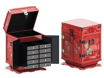 Red Vintage Storage Chest with Multiple Drawers and Green Decorative Patterns 3d model