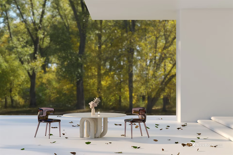 Outdoor Table with Chairs and Flower Vase in Natural Wooded Setting Surrounded by Scattered Leaves 3d model 