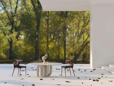 Outdoor Table with Chairs and Flower Vase in Natural Wooded Setting Surrounded by Scattered Leaves 3d model