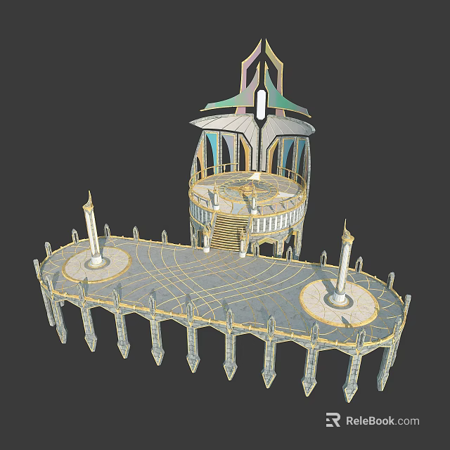 Cartoon Scene Featuring Central Tower Circular Platform Decorative Candle Elements And Spiked Pillars 3d model
