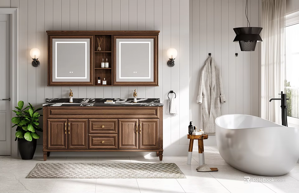 Wooden Bathroom Vanity Cabinet with Double Sinks Mirrors and Bathtub in Modern Bathroom 3d model 
